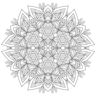 Beyaz izole edilmiş arka planda yuvarlak ve çizgili desenleri olan büyük bir çiçek mandala. Boyama kitabı sayfaları için.