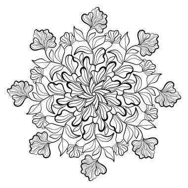 Süslü çiçekli ve yapraklı dekoratif mandala, beyaz izole arkaplanda basit desenler. Boyama kitabı sayfaları, poster, kart için.
