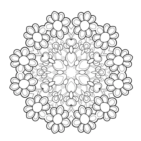 Decorative mandala with simple flowers and patterns on a white isolated bacgrkound. For coloring book pages.