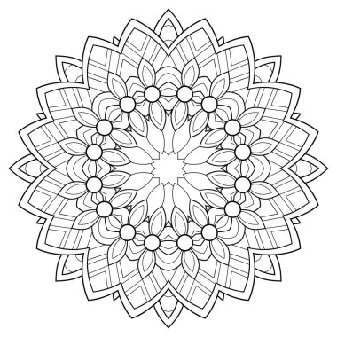 Beyaz izole bir arka planda çizgili desenli dekoratif mandala. Boyama kitabı sayfaları için.