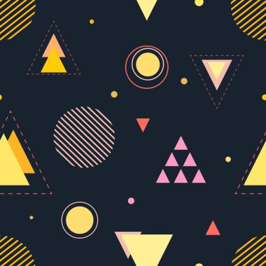 Farklı boyut ve renklerde üçgenler, kesik şekiller, koyu mavi arkaplanda çizgili mermiler. Kusursuz geometri kalıbı. Paketleme, tekstil, duvar kağıdı için uygun.