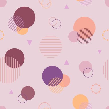 Çizgili ve basit yuvarlak şekiller farklı renk ve boyutlarda, açık pembe arkaplanda üçgenler. Kusursuz soyut desen. Paketleme, tekstil, duvar kağıdı için uygun.