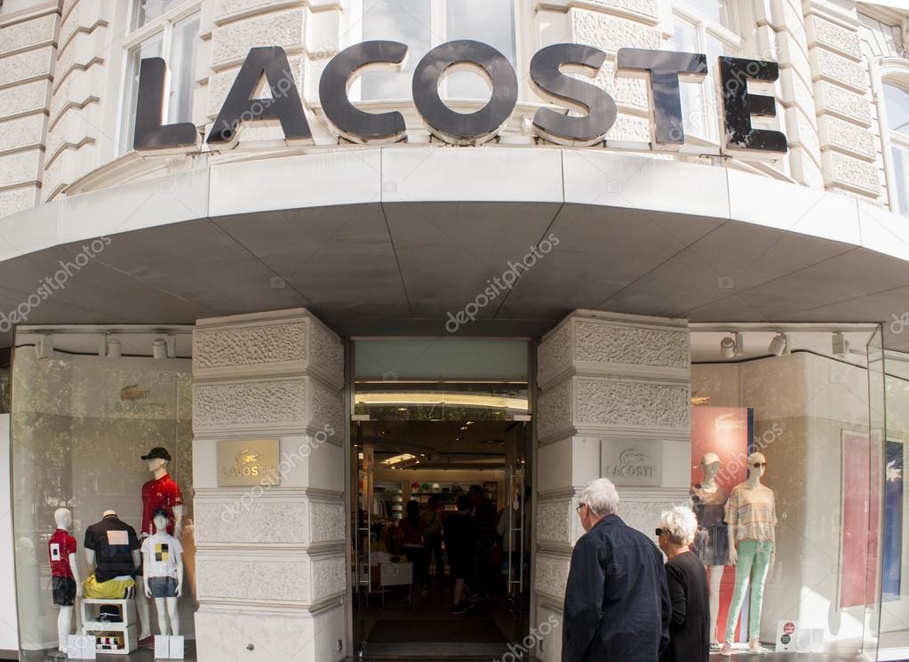 Berlin, Germany - Mai 30, 2014: Lacoste store in Berlin Kurfürstendamm. Lacoste is a French clothing company founded in 1933 that sells high-end clothing, footwear, perfume, leather goods, watches, eyewear, and most famously polo shirts.