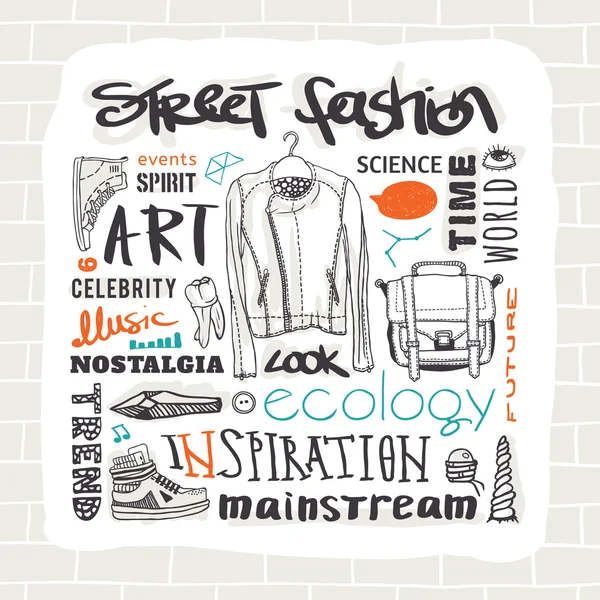 Vector set: street fashion, jacket, shoes, bag, text — Stock Vector