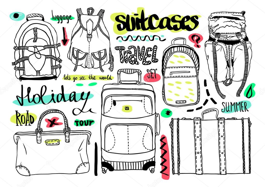 Vector black and white set with bags for travel, text