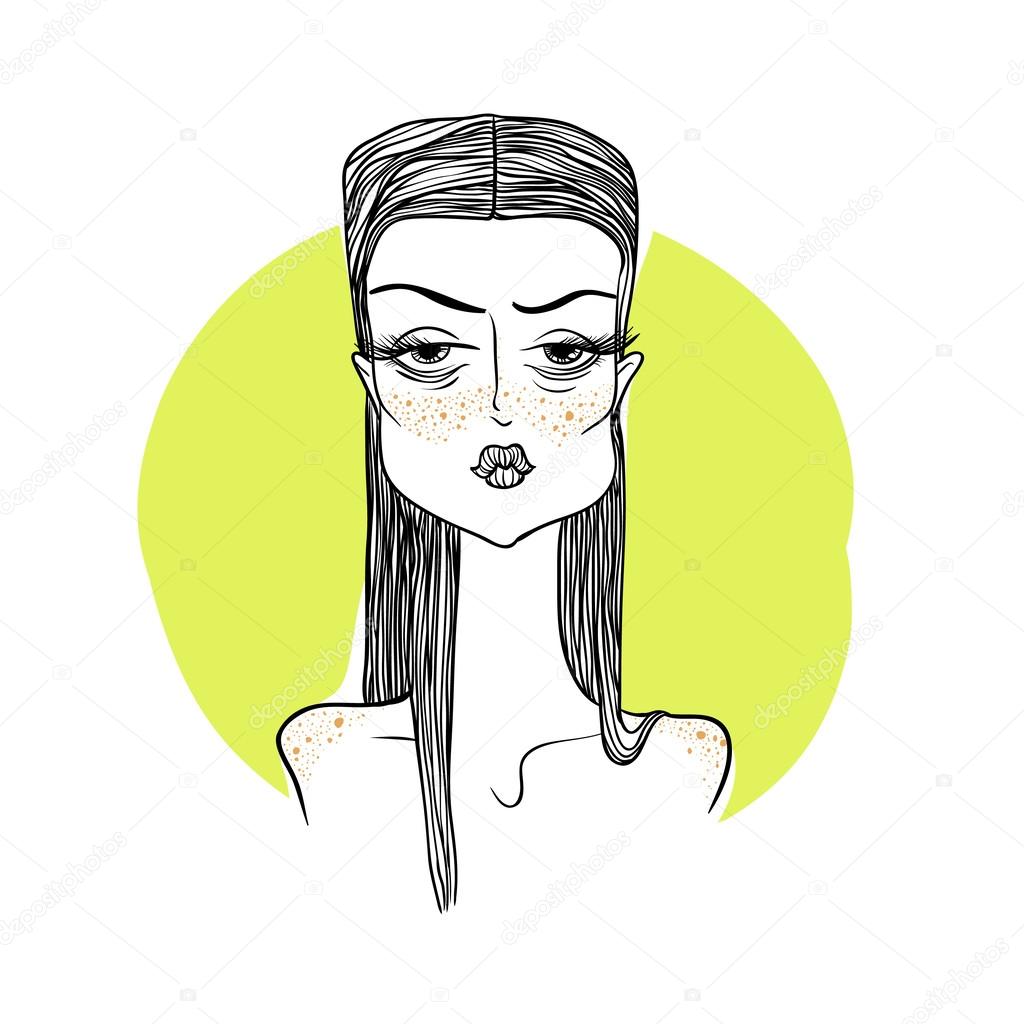 Vector illustration girl with freckles on a yellow background