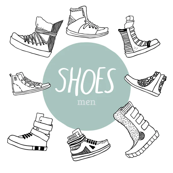 Black and white vector set with men's shoes and blue circle — Stock Vector