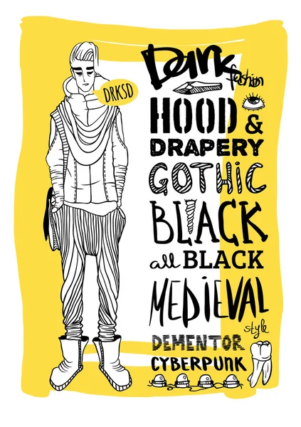 Vektor schwarz, weiß und gelb Doodle-Set, dunkle Mode, Cyberpunk, Stil — Stockvektor