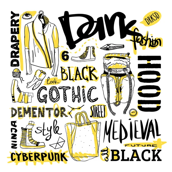 Vector black, white and yellow doodle set, dark fashion, cyberpunk, style — Stock Vector