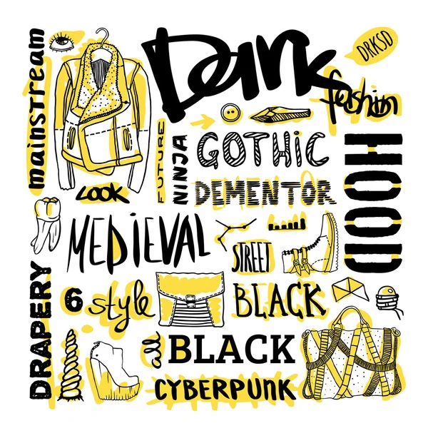 Vector black, white and yellow doodle set, dark fashion, cyberpunk, style — Stock Vector