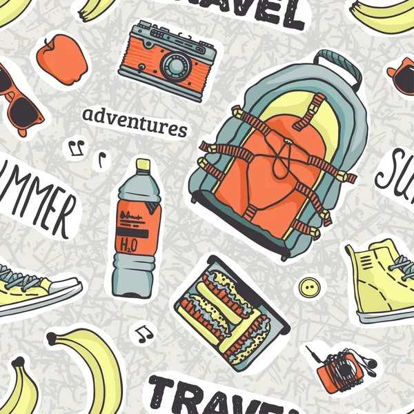 Naadloze vector patroon met woorden en spullen voor uw zomervakantie of reis — Stockvector