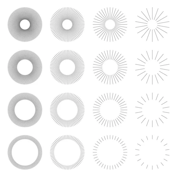 Conjunto Vintage Circle Sunbursts Diferentes Formas Elementos Diseño Rayas Explosión — Archivo Imágenes Vectoriales