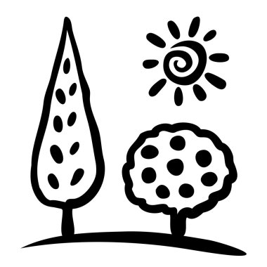 Kroki renkli ağaç ve yeşil zemin üzerine güneş