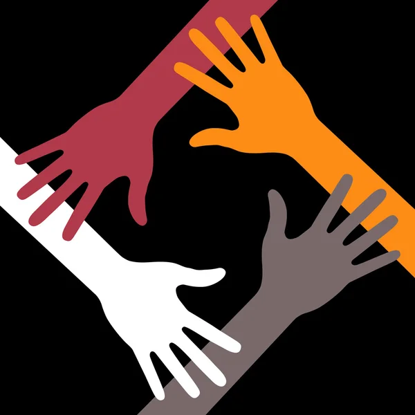Ícone colorido de quatro mãos sobre fundo preto — Vetor de Stock
