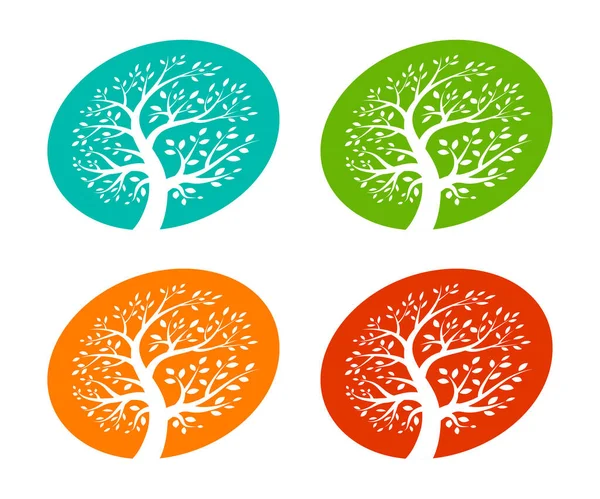 Conjunto de icono de círculo de árbol en perspectiva. Colorido emblema ecológico. diseño del logotipo para la vida del tema, raíz, crecimiento, planta, familia, medio ambiente Vector ilustración. — Vector de stock