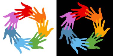 El izi çemberi simgesi seti. Renkli parlak tasarım elementi. El izi amblemleri. El işaretleri. Gökkuşağı renkleri. Vektör logosu
