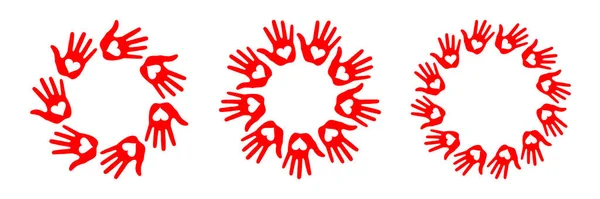 Conjunto de impresión manual con iconos de círculo cardíaco. emblemas de huellas de mano. Mano alrededor de insignia. Logotipo del vector — Vector de stock
