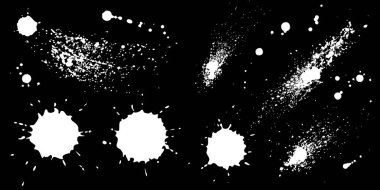 Beyaz sıçrama mürekkebi ayarlandı. Siyah lekeler. Sıçrama koleksiyonu. Vektör illüstrasyonu