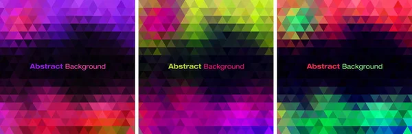 Bright vibrant geometric backgrounds set. Triangular patterns collection. Bright modern frames. Vector illustration. — Stock Vector