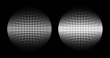 Beyaz yarım tonlu daire 3 boyutlu küre. Tıbbi, tedavi ve kozmetik için logo amblemi tasarımı. Yarım ton daire şeklinde noktalar kullanan dünya simgesi. Vektör illüstrasyonu.