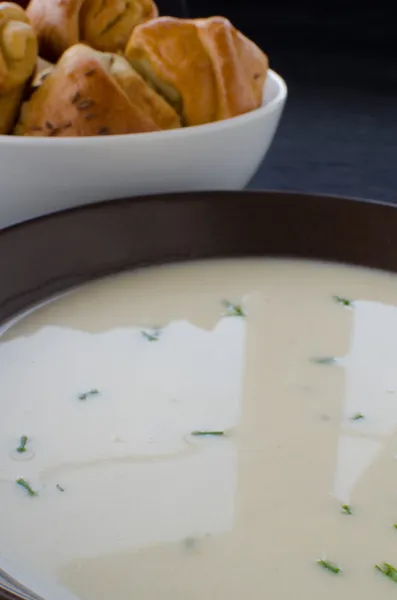Potato soup with garlic buns — Stock Image Potato soup with garlic buns Stock Picture