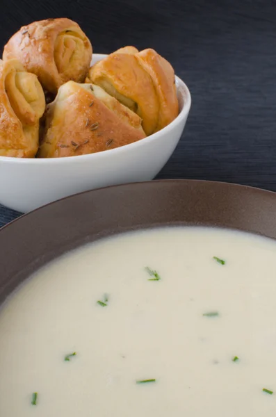 Potato soup with garlic buns — Stock Image Potato soup with garlic buns Stock Picture
