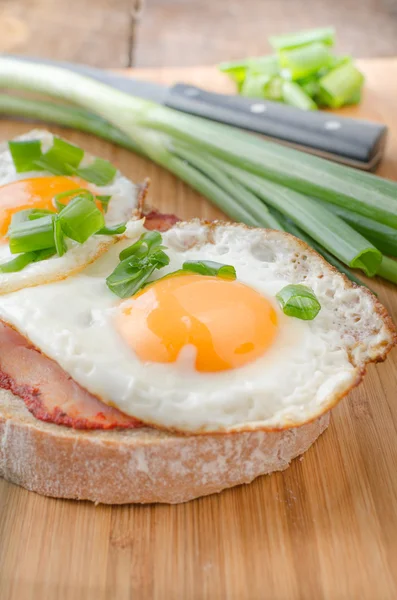 Свежий хлеб с яйцами и ветчиной — стоковое фото