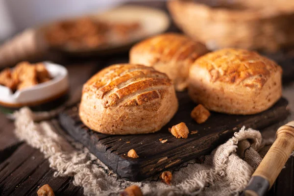 Delicious Homeade Bun Filled Pork Greaves Garlic — Stock Photo, Image