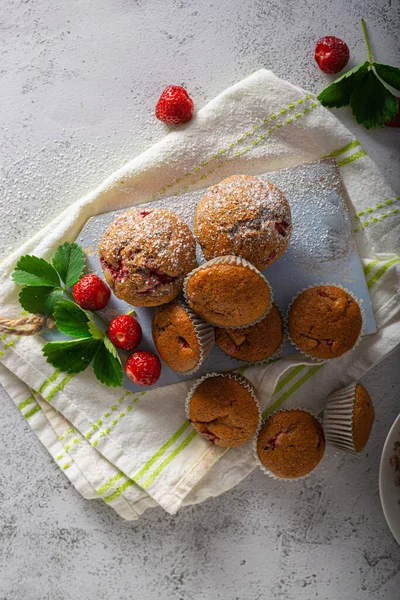 Delicious Homemade Muffins Filled Chocolate Bio Strawberry — Stock Photo, Image