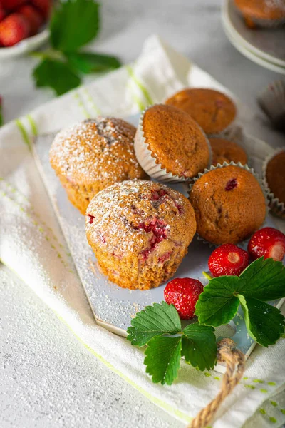 Delicious Homemade Muffins Filled Chocolate Bio Strawberry — Stock Photo, Image