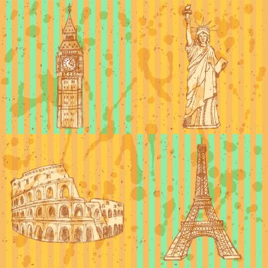 Eifel Kulesi, coliseum, big ben ve Özgürlük Anıtı, vec kroki