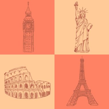 Eifel Kulesi, coliseum, big ben ve Özgürlük Anıtı, vec kroki