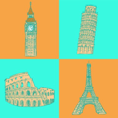 Eifel Kulesi, pisa Kulesi, big ben ve coliseum, vektör kümesi kroki