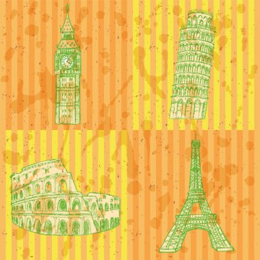 Eifel Kulesi, pisa Kulesi, big ben ve coliseum, vektör kümesi kroki