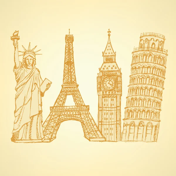 Bosquejo Torre Eifel, Torre Pisa, Big Ben y Estatua de la Libertad, v — Vector de stock