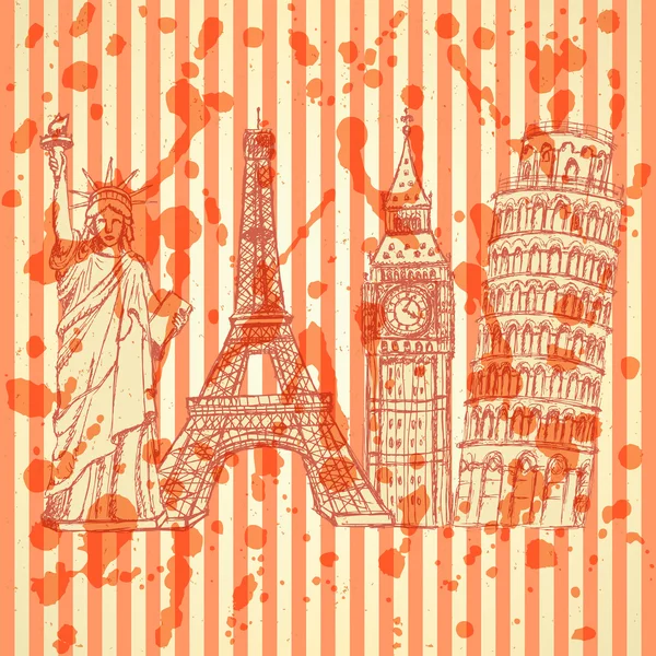Sketch Eifel tower, Pisa tower, Big Ben and Statue of Liberty, v — Stock Vector
