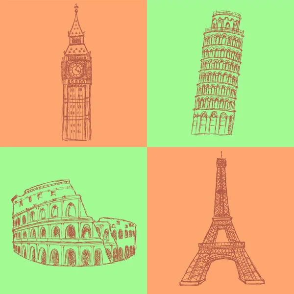 Bosquejo Torre Eifel, torre de Pisa, Big Ben y Coliseo, conjunto de vectores — Vector de stock