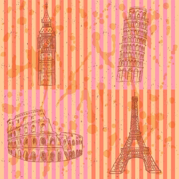 Sketch Torre Eifel, Torre Pisa, Big Ben e Coliseu, conjunto vetorial — Vetor de Stock