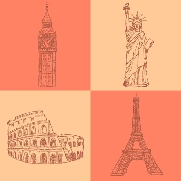 Bosquejo Torre Eifel, Coliseo, Big Ben y Estatua de la Libertad, vec — Vector de stock