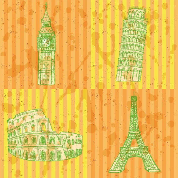 Bosquejo Torre Eifel, torre de Pisa, Big Ben y Coliseo, conjunto de vectores — Archivo Imágenes Vectoriales