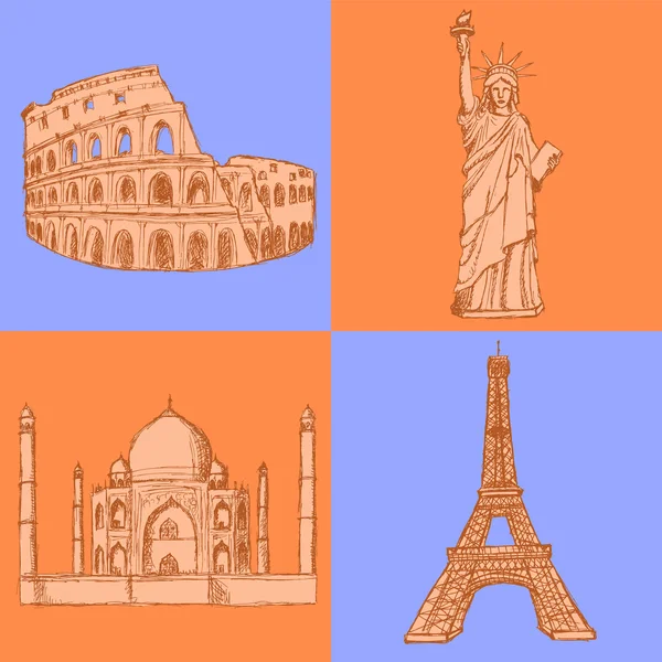 Bosquejo Torre Eiffel, Coliseo, Taj Mahal y Estatua de la Libertad, v — Vector de stock