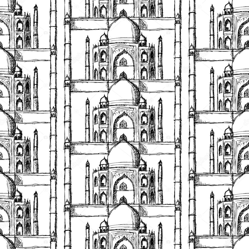 Sketch Taj Mahal, vector seamless pattern