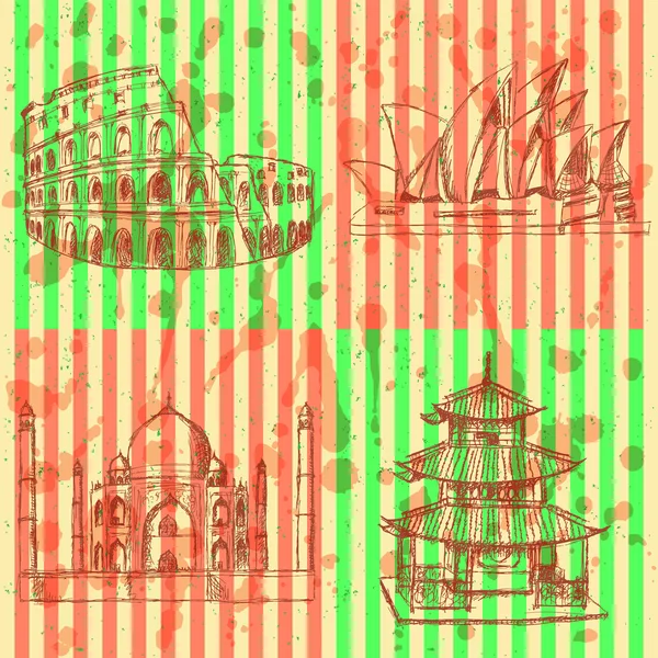 Ескіз китайський храму, Колізей, Тадж Махал і Сідней opera, vect — стоковий вектор