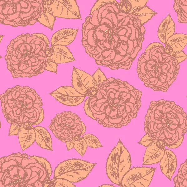 Sketch rose with leaves, vector  seamless pattern — Stock Vector