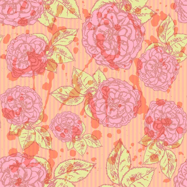 Skizze Rose mit Blättern, vektornahtloses Muster — Stockvektor