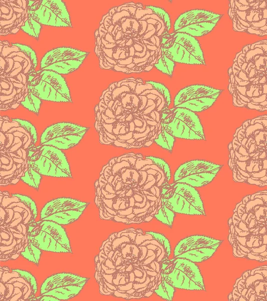 Croquis rose avec feuilles, motif vectoriel sans couture — Image vectorielle