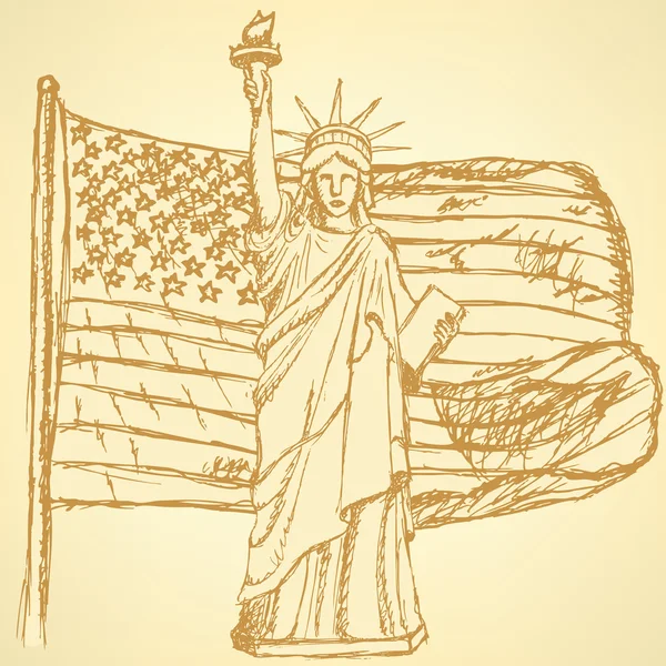 素描美国国旗和矢量背景自由女神像 — 图库矢量图片