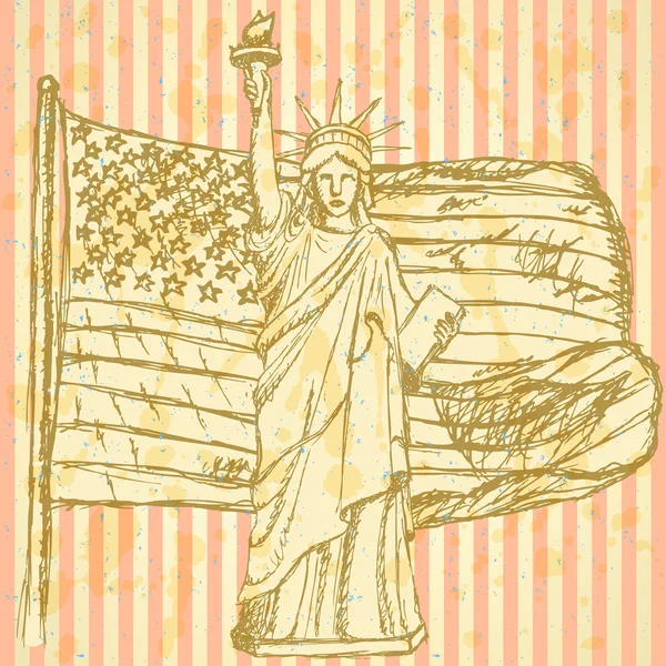 Sketch Bandera de EE.UU. y Estatua de la Libertad, vector de fondo — Vector de stock