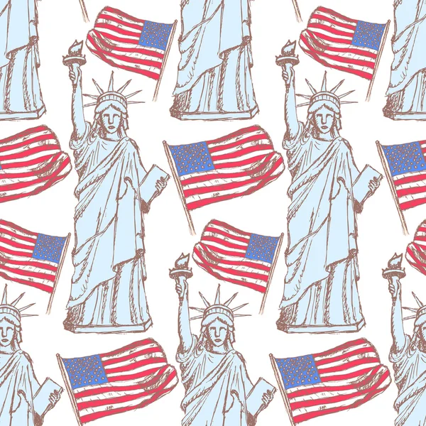 素描自由和国旗，矢量无缝花纹的雕像 — 图库矢量图片