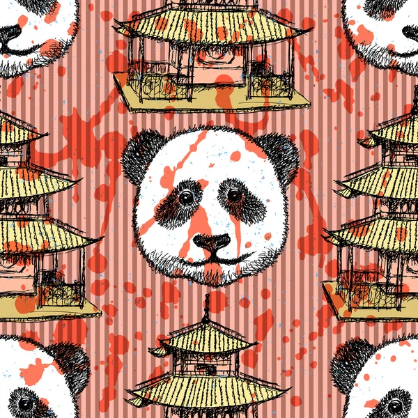 Sketch Chinese temple and panda, vector  seamless pattern — Stock Vector